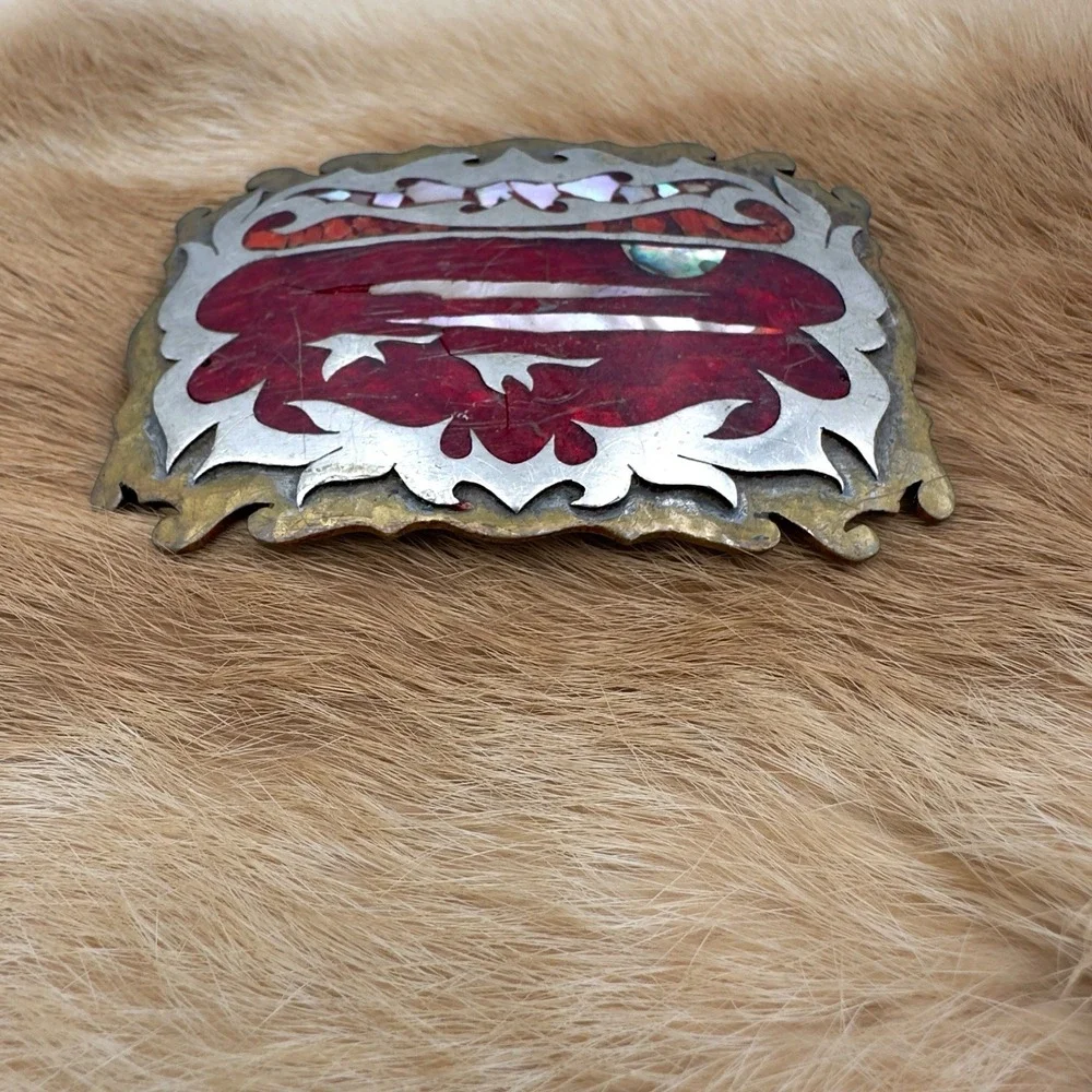 VTG Southwestern Ocean Sunset Abalone Coral Chip Inlay Resin Belt Buckle Mosaic